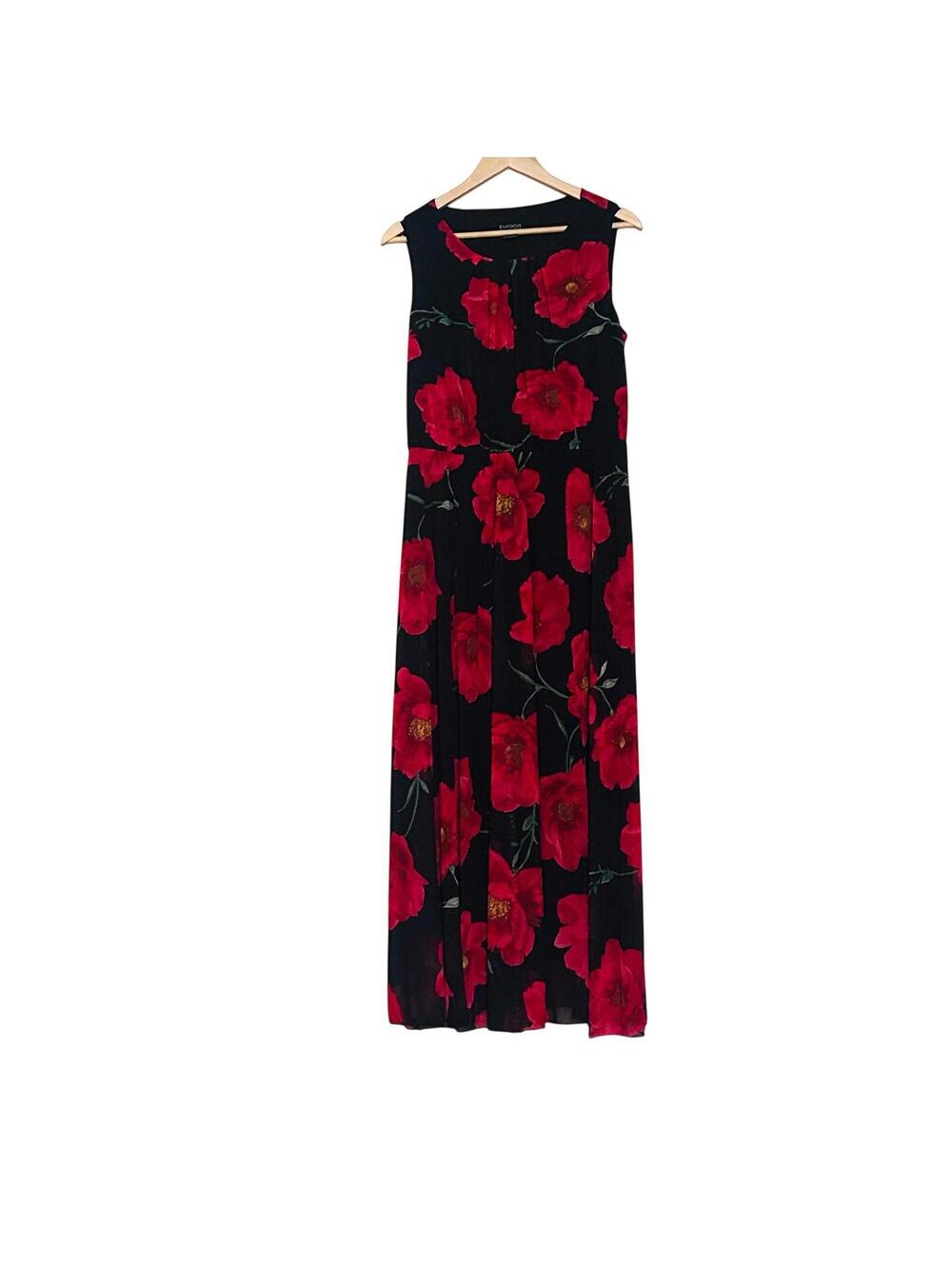 NWOT Enfocus Black Red Floral Long Spring Dress 14W Sleeveless Lined Stretch